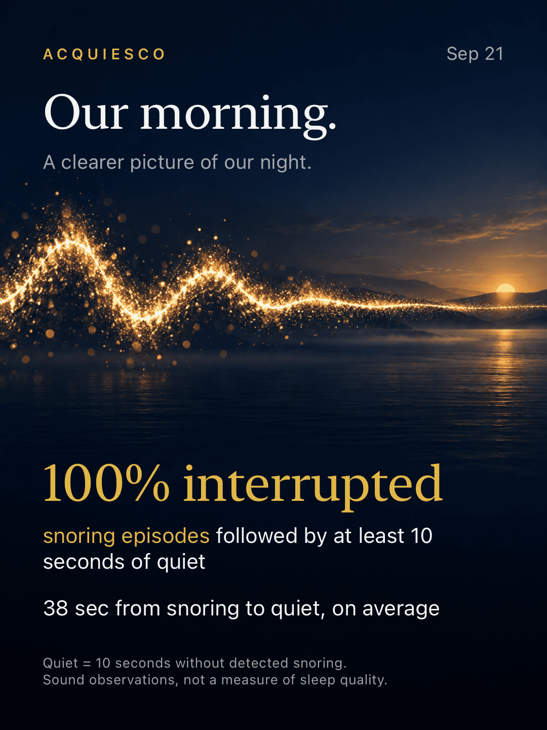 Acquiesco morning report showing snoring episodes interrupted and followed by quiet.